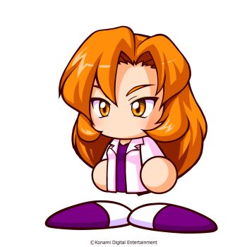 1girl artist_request coat copyright_notice doctor dress highres jikkyou_powerful_pro_yakyuu jikkyou_powerful_pro_yakyuu_(style) katou_rika lab_coat long_hair multicolored_shoes no_mouth official_art open_clothes open_coat orange_eyes orange_hair purple_dress purple_shoes rayman_limbs shirt shoes side_part solo two-tone_shoes white_shoes