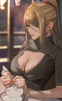 1girl blonde_hair blue_eyes bowl breasts cleavage cleavage_cutout clothing_cutout cream cream_on_breasts earrings food_on_body food_on_breasts grey_sweater high_ponytail highres j@ck jewelry large_breasts long_hair metroid milk mole mole_under_mouth nintendo parted_lips ponytail samus_aran solo squeezing stud_earrings suggestive_fluid sweater turtleneck upper_body window