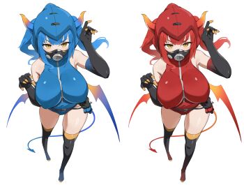 2girls absurdres black_gloves blu_pyro_(tf2) blue_hair blue_leotard boots breasts commentary commission covered_navel demon_horns demon_tail demon_wings elbow_gloves english_commentary fake_horns fake_tail fake_wings full_body genderswap genderswap_(otf) gloves halloween_costume highres hood hood_up horns large_breasts latex latex_leotard leotard long_hair looking_at_viewer low_wings mask multiple_girls pyro_(tf2) red_hair red_leotard red_pyro_(tf2) respirator simple_background t-lex tail team_fortress_2 thigh_boots twintails white_background wings yellow_eyes zipper