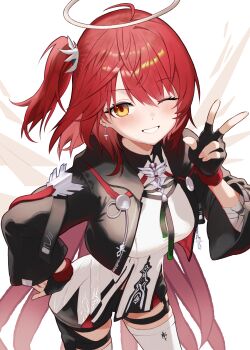 1girl ;d absurdres arknights black_gloves black_jacket black_shorts blush commentary_request cowboy_shot detached_wings dr.lamina earrings exusiai_(arknights) exusiai_the_new_covenant_(arknights) fingerless_gloves fingernails gloves grey_halo grin halo hand_on_own_hip highres jacket jewelry long_sleeves looking_at_viewer one_eye_closed one_side_up open_mouth red_hair shirt short_hair short_shorts shorts simple_background smile solo standing thighhighs traditional_halo w white_background white_shirt white_thighhighs wings yellow_eyes