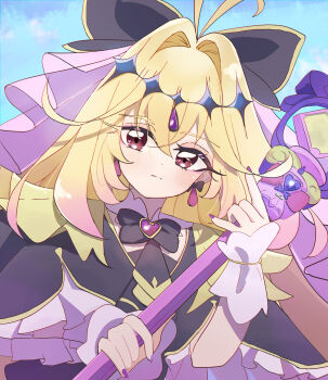 Rule 34 | 1girl, absurdres, black bow, black bowtie, blonde hair, bow, bowtie, chuansuyushan, closed mouth, commentary request, cure arcana shadow, earrings, heart-shaped gem, highres, holding, holding staff, jewelry, long hair, looking at viewer, magical girl, meitantei precure!, moria luluka, precure, red eyes, staff