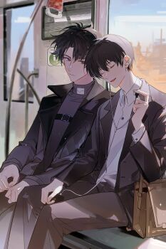 Rule 34 | 2boys, absurdres, black coat, black eyes, black hair, black shirt, coat, collared shirt, cowboy shot, earbuds, earphones, hand grip, head tilt, heads together, highres, holding, holding earbud, holding phone, kim dokja, looking at another, male focus, multiple boys, omniscient reader's viewpoint, open clothes, open coat, phone, post-apocalypse, ruins, shirt, short hair, sitting, train interior, white shirt, ye24728117, yoo joonghyuk
