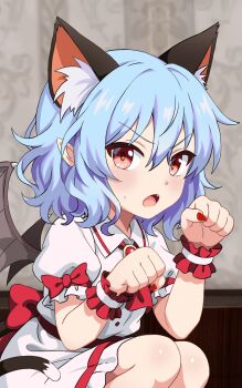1girl animal_ears bat_wings blue_hair blush cat_ears cat_girl collared_dress commentary_request dress highres open_mouth red_eyes red_ribbon remilia_scarlet ribbon short_hair short_sleeves solo touhou white_dress wings yige_lurenjia