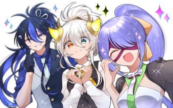 ? bartender black_hair bow bowtie closed_eyes collared_shirt dragon_girl dragon_horns hanami_zatta heart heart_hands heterochromia highres horns ideal_(p&amp;d) kurotobi_(p&amp;d) looking_at_viewer multicolored_vest necktie one_eye_covered open_mouth ponytail purple_hair puzzle_&amp;_dragons ribbon selfie shirt sparkle touka_(p&amp;d) vest white_hair white_necktie