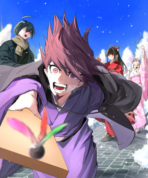 2boys absurdres ahoge akamatsu_kaede arm_up black_hair blonde_hair brown_hair commentary_request danganronpa_(series) danganronpa_v3:_killing_harmony facial_hair flower gaba33 goatee hair_between_eyes hair_flower hair_ornament happy harukawa_maki highres holding japanese_clothes kimono long_hair long_sleeves looking_at_viewer male_focus momota_kaito multiple_boys open_mouth ponytail red_eyes red_flower red_kimono saihara_shuichi sash short_hair smile snowing spiked_hair wide_sleeves