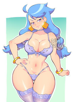 1girl 2026 20s ahoge azura_raze blue_bow blue_bra blue_hair blue_nails blue_panties blue_theme blue_thighhighs blush bow bow_bra bra bracelet braid breasts choker cleavage collarbone earrings floral_print gradient_background green_background hand_on_own_hip highleg highleg_panties jewelry lace lace-trimmed_bra lace_trim large_breasts long_hair looking_at_viewer mole mole_under_eye nail_polish navel original panties print_bra print_panties print_thighhighs purple_eyes smile standing thighhighs twin_braids underwear wide_hips zeshgolden