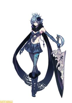 1girl blue_eyes blue_hair breasts cleavage drag-on_dragoon drag-on_dragoon_3 female_focus flower fujisaka_kimihiko full_body jewelry matching_hair/eyes midriff official_art scarf simple_background solo two_(drag-on_dragoon) weapon white_background