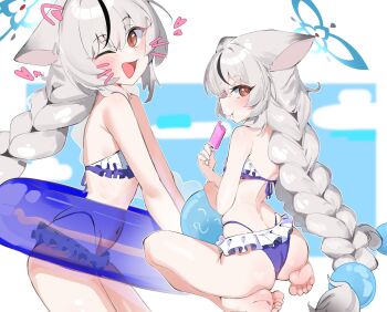 1girl animal_ears ass barefoot bikini black_hair blue_archive blue_halo blush braid brown_eyes drawn_whiskers feet food frilled_bikini frills gen_(unzzenasd) grey_hair halo heart highleg highleg_bikini highres holding holding_food holding_popsicle innertube kokona_(blue_archive) loli long_hair looking_at_viewer multicolored_hair multiple_views one_eye_closed open_mouth popsicle purple_bikini sitting smile streaked_hair swim_ring swimsuit twin_braids twintails very_long_hair