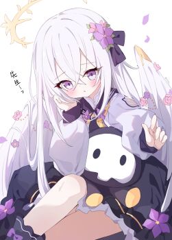 Rule 34 | 1girl, :o, azusawa kohane, black dress, blue archive, crescent halo, crossed bangs, dress, flower, hair between eyes, hair ornament, hair ribbon, halo, highres, long hair, long sleeves, looking at viewer, puffy sleeves, purple eyes, ribbon, shoes, simple background, tttlr, white background, white hair, wings, yellow halo