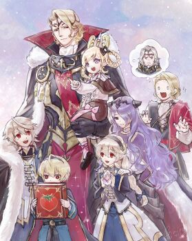 3girls 4boys aged_down black_hair black_horns blonde_hair book bow braid brother_and_sister brothers camilla_(fire_emblem) camilla_(young_beauty)_(fire_emblem) carrying child child_carry closed_mouth commentary_request female_corrin_(fire_emblem) female_corrin_(young_kinship)_(fire_emblem) male_corrin_(fire_emblem) male_corrin_(young_kinship)_(fire_emblem) dual_persona elise_(fire_emblem) elise_(sparkling_smile)_(fire_emblem) fake_horns fire_emblem fire_emblem_fates hair_over_one_eye hair_rings half-siblings highres holding holding_book horns imagining leo_(fire_emblem_fates) leo_(young_sprout)_(fire_emblem_fates) long_hair multiple_boys multiple_girls nintendo open_mouth pink_bow pointing purple_eyes purple_hair red_eyes short_hair siblings sisters smile spoken_character teeth time_paradox twin_braids ultrablueanya upper_teeth_only white_hair xander_(fire_emblem) xander_(focused_firstborn)_(fire_emblem)