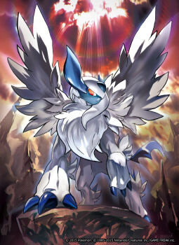 absol claws cliff evening forehead_jewel fur gen_3_pokemon glaring hair_over_one_eye horns mane mega_absol mega_evolution mega_pokemon nintendo official_art outdoors pokemon red_eyes sky solo sunset tokiya_sakba white_fur wings