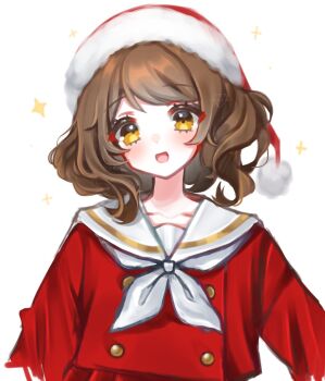 1girl :d alternate_costume arms_at_sides artist_name brown_hair commentary english_commentary gift_art hat hibike!_euphonium highres loltinami long_sleeves looking_at_viewer medium_hair neckerchief open_mouth oumae_kumiko parted_bangs red_shirt sailor_collar sailor_shirt santa_hat school_uniform shirt smile solo upper_body variant_set watermark white_background white_neckerchief white_sailor_collar yellow_eyes