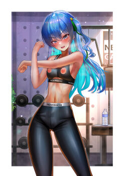 1girl absurdres alternate_costume armpits black_sports_bra blue_eyes blue_hair blush border bottle breasts breath crossed_arms earrings exercise_machine feet_out_of_frame green_ribbon grey_eyes gym hair_ornament hair_ribbon highres hololive hoshimachi_suisei indoors jagoo jewelry large_variant_set long_hair looking_at_viewer multicolored_hair nipple_cutout nipples official_alternate_hair_length official_alternate_hairstyle pants plant ribbon small_breasts sports_bra sportswear star_(symbol) star_hair_ornament star_in_eye stomach stretching sweat symbol_in_eye two-tone_hair variant_set virtual_youtuber water_bottle weights white_border