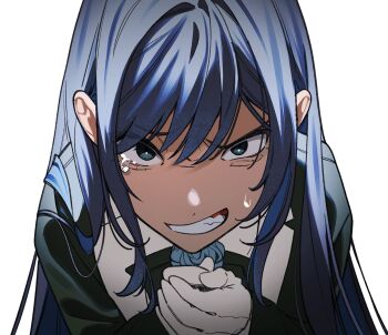 1girl ado_(utaite) blue_eyes blue_hair chando_(ado) closed_mouth commentary gloves hashtag-only_commentary highres long_hair looking_at_viewer male_focus open_mouth riseno sidelocks simple_background solo tearing_up utaite white_background white_gloves