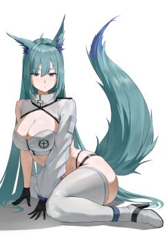 1girl absurdres ahoge animal_ear_fluff animal_ears aqua_hair azur_lane black_gloves blue_eyes boots breasts character_request cleavage closed_mouth commentary_request crop_top cropped_jacket expressionless fox_ears fox_girl fox_tail gloves high_heel_boots high_heels highres jacket large_breasts long_hair long_sleeves looking_at_viewer original rawoon_d shrug_(clothing) simple_background sitting skindentation solo tail thigh_boots thighs very_long_hair white_background white_jacket yokozuwari