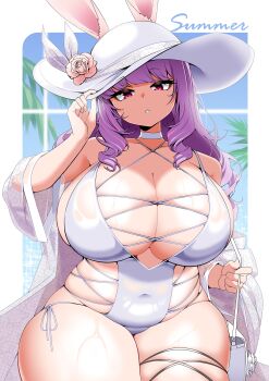 1girl absurdres adjusting_clothes adjusting_headwear animal_ears bag beach breasts choker cleavage commission covered_navel cross-laced_clothes cross-laced_one-piece_swimsuit drill_hair drill_sidelocks flower hand_on_own_hat handbag hat hat_flower highres huge_breasts long_hair one-piece_swimsuit open_clothes open_shirt original outdoors palm_tree pink_eyes plump purple_hair rabbit_ears rabbit_girl rose saltnvalk see-through_clothes sideless_one-piece_swimsuit sidelocks sitting skindentation sky solo sun_hat sweat swimsuit thick_thighs thigh_strap thighs tree vgen_commission white_choker white_hat white_one-piece_swimsuit wide_hips