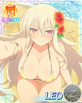 Rule 34 | 1girl, aquarius (symbol), aries (symbol), armband, beach, bikini, blonde hair, blush, body blush, border, breasts, cancer (symbol), capricorn (symbol), card (medium), character name, cleavage, closed mouth, dodecagram, flower, flower bikini, gemini (symbol), hair between eyes, hair flower, hair ornament, hibiscus, large breasts, leaf, leaf hair ornament, lens flare, leo (senran kagura), leo (symbol), libra (symbol), long hair, looking at viewer, micro bikini, ocean, official art, pisces (symbol), purple eyes, reaching, reaching towards viewer, red flower, sagittarius (symbol), sand, school emblem, scorpio (symbol), seashell, senran kagura, senran kagura new wave, shadow, shell, shiny skin, smile, solo, swimsuit, taurus (symbol), v-shaped eyebrows, very long hair, virgo (symbol), water, yellow armband, yellow bikini, zodiac wheel