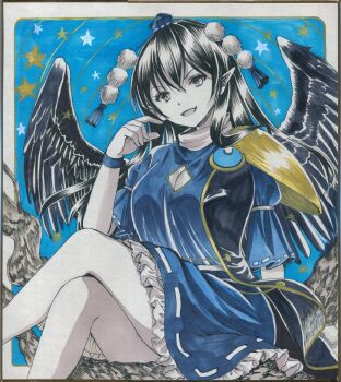 1girl armor black_coat black_hair blue_dress blue_hat breasts cleavage cleavage_cutout clothing_cutout coat commentary_request crossed_legs dress hair_between_eyes hajike_akira hat highres iizunamaru_megumu long_hair open_mouth pauldrons pointy_ears pom_pom_(clothes) shikishi shoulder_armor shoulder_guard single_pauldron sleeveless sleeveless_coat smile solo star_(symbol) surcoat tokin_hat touhou traditional_media