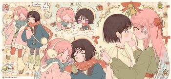 2girls alien_stage bell beret black_hair blue_coat blue_hair blue_scarf bow box christmas coat coldmeow commentary earmuffs english_commentary english_text gift gift_box green_sweater hair_bow hat highres mistletoe mizi_(alien_stage) multicolored_hair multiple_girls pink_coat pink_hair purple_eyes red_bow red_scarf scarf shirt snow_globe star_(symbol) sua_(alien_stage) sweater two-tone_hair white_hat white_shirt yellow_eyes yuri