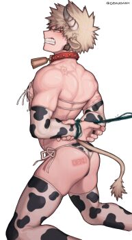 1boy absurdres angry animal_ears animal_print arms_behind_back ass bakugou_katsuki bell black_whip_(boku_no_hero_academia) boku_no_hero_academia branded cow cow_boy cow_ears cow_horns cow_print cow_tail cowbell crossdressing crossdressing_(mtf) dekudash ear_tag from_side highres horns kneeling looking_at_viewer male_focus male_lactation midoriya_izuku out_of_frame panties red_eyes scar scar_on_arm side-tie skindentation solo tail teeth thighhighs thighs underwear