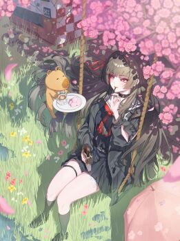 1girl absurdres black_choker black_hair black_jacket black_serafuku black_shirt black_shoes black_skirt black_socks breasts capybara choker commentary eating food highres holding holding_food holding_pocky jacket long_hair looking_at_animal medium_breasts namipon_(wuthering_waves) neckerchief on_swing petals pink_petals pocky red_eyes red_neckerchief riruru_(dlarp0309) sailor_collar school_uniform serafuku shirt shoes skirt smile socks swing swing_set white_sailor_collar wuthering_waves