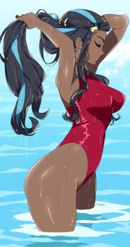 black_hair blue_hair closed_eyes closed_mouth covered_navel earrings hair_ornament highres holding holding_own_hair hoop_earrings jewelry long_hair looking_to_the_side multicolored_hair nessa_(pokemon) nintendo ocean one-piece_swimsuit pokemon pokemon_swsh r3dfive red_one-piece_swimsuit swimsuit thighs two-tone_hair very_long_hair wet wet_clothes wet_hair wet_swimsuit wide_hips