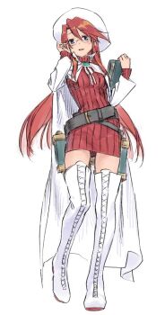 1girl aty_(summon_night) belt boots breasts cape coat dress full_body glasses hat holding ikezawa_shin lace-up_boots long_hair looking_at_viewer open_mouth red_hair red_sweater short_dress simple_background smile solo standing summon_night summon_night_3 sweater sweater_dress thigh_boots white_background white_boots white_cape white_hat