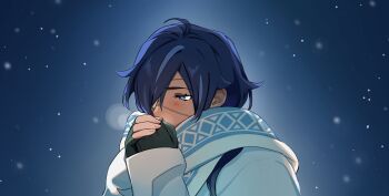 1boy arms_up black_gloves blue_eyes blue_hair blush breath commentary dark-skinned_male dark_skin english_commentary eyelashes eyepatch genshin_impact gloves hair_behind_ear highres jacket kaeya_(genshin_impact) long_hair long_sleeves male_focus medical_eyepatch own_hands_together scarf snow solo warming_hands white_jacket winter winter_clothes y4_impact