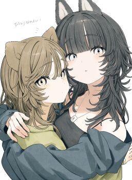 2girls absurdres animal_ears bare_shoulders black_hair blue_jacket blunt_bangs blush brown_eyes brown_hair closed_mouth green_shirt grey_eyes highres hug jacket jewelry long_hair long_sleeves looking_at_viewer multiple_girls necklace off_shoulder open_clothes open_jacket original pan-chan_(takaya_riku) parted_lips shirt simple_background takaya_riku translation_request upper_body white_background wolf_ears wolf_girl
