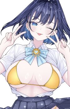 1girl absurdres alternate_costume bikini blue_eyes blue_hair bow breasts brooch commentary double_v dress_shirt ear_piercing gold_bikini hair_intakes highres hololive hololive_english jewelry large_breasts looking_at_viewer medium_hair mintikmeow open_clothes open_shirt ouro_kronii piercing school_uniform shirt skirt smile solo swimsuit tongue tongue_out upper_body v virtual_youtuber