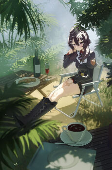 1girl absurdres alcohol black_boots black_c_(net_dust) black_hat black_skirt blue_archive blurry boots bottle breasts brown_hair chair coffee collared_shirt commentary depth_of_field full_body glass hair_between_eyes hair_ornament hairclip haruka_(blue_archive) hat highres juliet_sleeves long_sleeves looking_at_viewer medium_hair pink_eyes plant plate pleated_shirt puffy_sleeves red_shirt saucer shirt shoelaces shoes sitting skirt solo spoon wine
