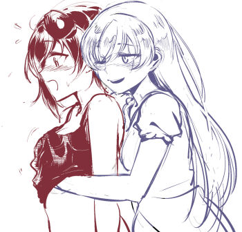 2girls bad_id bad_tumblr_id eyebrows eyes_visible_through_hair flying_sweatdrops grabbing_another's_breast greyscale groping hair_between_eyes hand_under_clothes hands_on_another's_chest hands_on_breasts highres long_hair monochrome multiple_girls multiple_monochrome ndgd open_mouth pervert ruby_rose rwby short_hair simple_background smile surprised weiss_schnee white_background yuri