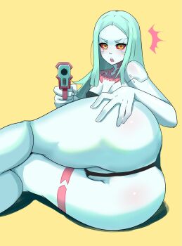 1girl :o aiming aqua_hair ass blush body_markings breasts cameltoe colored_sclera cyberpunk_(series) cyberpunk:_edgerunners grabbing_own_ass gun highres holding holding_weapon huge_ass long_hair medium_breasts nails open_mouth pale_skin panties pointing_weapon rebecca_(cyberpunk) red_sclera underwear weapon yellow_background ytrall