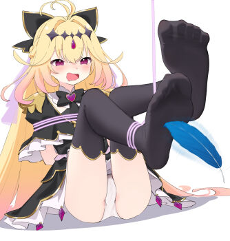 1girl :d antenna_hair arms_behind_back bdsm bilingual_commentary black_bow black_bowtie black_capelet black_dress black_thighhighs blonde_hair blue_feathers blush bondage bound bound_feet bow bowtie brooch capelet chinese_commentary commentary_request crossed_bangs cure_arcana_shadow diamond_hairband dress drooling feathers feet feet_up foot_focus forehead_jewel frilled_capelet frills furrowed_brow gem gold_trim gradient_hair hair_between_eyes hair_bow hair_intakes hairband heart heart_brooch highres jewelry laughing long_hair looking_at_viewer magical_girl medium_dress meitantei_precure! mixed-language_commentary mo_moon moria_luluka mouth_drool multicolored_hair no_shoes open_mouth panties pantyshot partial_commentary pink_eyes pink_hair precure purple_gem purple_veil restrained shadow simple_background sitting sleeveless sleeveless_dress smile soles solo split_mouth spread_toes thighhighs tickling tickling_feet toes two-tone_hair underwear veil very_long_hair white_background white_panties