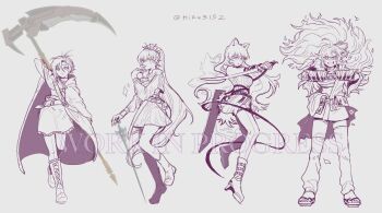 4girls absurdres afterimage ahoge artist_name belt blake_belladonna boots breasts cloak closed_mouth commentary crescent_rose dress earrings ember_celica_(rwby) english_commentary english_text full_body gambol_shroud gauntlets greyscale grin high_heel_boots high_heels highres hiru315 holding holding_sheath holding_sword holding_weapon hood hooded_cloak jewelry katana long_hair looking_at_viewer medium_breasts monochrome multiple_girls myrtenaster open_mouth ponytail pouch rapier ruby_rose rwby scar scar_across_eye scar_on_face scythe sheath short_hair simple_background skirt smile standing sword twitter_username unfinished weapon weiss_schnee yang_xiao_long