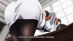 1boy 1girl animated anime_screenshot ass ass_focus black_eyes black_hair black_jacket black_pantyhose breasts eva_renfield from_behind hand_on_own_hip highres huge_ass indoors interior jacket jewelry krai_andrey leaning_forward light_brown_hair long_sleeves multiple_rings nageki_no_bourei_wa_intaishitai pantyhose pencil_skirt ponytail ring shirt skirt sound tagme thighs video white_shirt white_skirt