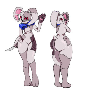 animal_costume animal_ears ass blue_bow blue_bowtie bow bowtie buck_teeth colored_sclera five_nights_at_freddy's five_nights_at_freddy's:_security_breach furry highres holding holding_knife huge_ass knife pachalt patchwork_clothes rabbit_costume rabbit_ears red_sclera security_guard stitches tail teeth vanny_(fnaf) whiskers