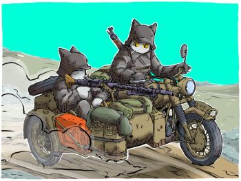 blue_sky bolt_action cat_boy combat_helmet gun helmet highres jerry_can machine_gun manually-operated_mounted_gun mauser_98 mg34 motor_vehicle motorcycle original rifle side-view_mirror sidecar sky spare_tire stahlhelm unused_tire weapon yabarn
