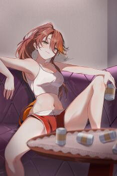 1girl absurdres alcohol breasts commentary drink drinking drunk eiyuu_densetsu english_commentary gym_shorts hair_between_eyes highres holding holding_drink judith_lanster k_hannah kai_no_kiseki kuro_no_kiseki_(series) kuro_no_kiseki_i legs long_hair long_single_sidelock messy_room multicolored_hair navel orange_hair shorts simple_background sitting smile stomach tank_top thighs two-tone_hair white_tank_top