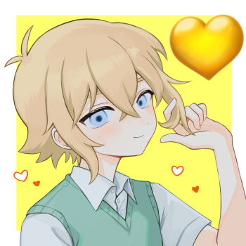 1boy antenna_hair basil_(faraway)_(omori) basil_(omori) blonde_hair blue_eyes blush closed_mouth collared_shirt commentary_request crossed_bangs double-parted_bangs green_sweater_vest hair_between_eyes hand_up looking_at_viewer male_focus omori playing_with_own_hair sebon_(sebochin) shirt short_hair short_sleeves sidelocks smile solo sweater_vest upper_body white_shirt