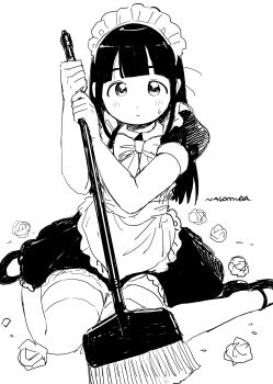 1girl absurdres apron black_dress black_hair blunt_bangs blush bow bowtie broom closed_mouth dot_nose dress frilled_apron frills from_above full_body highres holding holding_broom long_hair looking_at_viewer maid maid_apron maid_headdress mary_janes monochrome nagomurasan nervous nervous_sweating original puffy_short_sleeves puffy_sleeves shoes short_sleeves signature simple_background sitting solo staring sweat tareme thighhighs trash waist_apron wariza white_apron white_background white_thighhighs