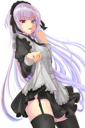 Rule 34 | 1girl, apron, black bow, black bowtie, black dress, black thighhighs, blue eyes, blue hair, bow, bowtie, breasts, clothes lift, collared shirt, commentary request, cowboy shot, dress, dress lift, frilled apron, frills, garter straps, grey apron, grey hair, hands up, heterochromia, juliet sleeves, light blue hair, light smile, long hair, long sleeves, looking at viewer, luminous valentine, maid, maid apron, maid headdress, parted lips, pleated skirt, puffy sleeves, red eyes, senri tsukuyomi, shirt, simple background, skindentation, skirt, small breasts, solo, tensei shitara slime datta ken, thighhighs, white background, wing collar