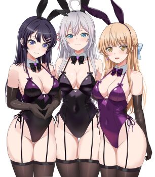 3girls absurdres ahoge alisa_mikhailovna_kujou animal_ears black_bow black_bowtie black_gloves black_hair black_leotard black_thighhighs blonde_hair blue_bow blue_eyes blush bow bowtie braid breasts cleavage closed_mouth collarbone commentary commission covered_navel detached_collar earrings elbow_gloves english_commentary fake_animal_ears fries_vanquisher garter_straps gloves grey_hair hair_bow hair_ornament hair_ribbon hairclip half_up_braid highleg highleg_leotard highres jewelry large_breasts leotard long_hair looking_at_viewer multiple_girls open_mouth otonari_no_tenshi-sama_ni_itsu_no_mani_ka_dame_ningen_ni_sarete_ita_ken parallel_hairclips parted_lips pixiv_commission purple_eyes purple_leotard rabbit_ears red_ribbon ribbon sakurajima_mai seishun_buta_yarou shiina_mahiru_(otonari_no_tenshi-sama) simple_background spaghetti_strap thighhighs tokidoki_bosotto_roshia-go_de_dereru_tonari_no_alya-san white_background yellow_eyes