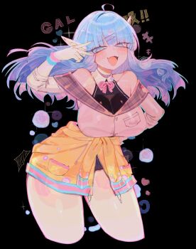 1girl ahoge arm_up bare_shoulders black_background blue_eyes blue_hair blunt_bangs bow bowtie breasts clothes_around_waist commentary commission cropped_legs curvy english_commentary fang grey_shirt hair_ornament hairclip heart highres large_breasts long_hair looking_at_viewer open_mouth original parallel_hairclips pink_bow pink_bowtie pointy_ears shirt skin_fang smile solo thick_thighs thighs usa37107692