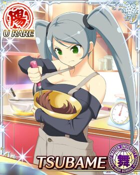Rule 34 | 1girl, bare shoulders, black shirt, border, bowl, breasts, brown shorts, card (medium), character name, chocolate, chocolate making, cleavage, closed mouth, frown, game cg, green eyes, grey hair, holding, holding bowl, holding whisk, kitchen, kitchen scale, large breasts, long hair, looking down, official art, senran kagura, senran kagura new wave, serious, shirt, shorts, solo, suspender shorts, suspenders, swept bangs, third-party source, tsubame (senran kagura), twintails, very long hair, weighing scale, whisk