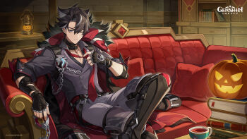 1boy bandaged_arm bandaged_neck bandages black_bandages black_gloves black_hair book couch cup earrings fingerless_gloves fur_trim genshin_impact gloves grey_eyes grey_hair grey_pants grey_shirt hair_between_eyes halloween happy_halloween highres jack-o&#039;-lantern jewelry long_sleeves male_focus multicolored_hair necktie official_art on_couch one_eye_closed pants pillow red_necktie scar scar_on_chest shirt short_hair solo streaked_hair wriothesley_(genshin_impact)