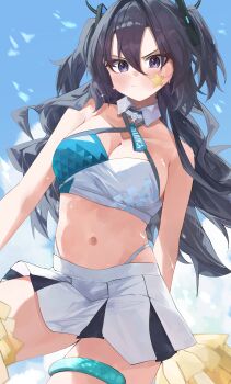 1girl absurdres black_hair black_halo black_skirt blue_archive blue_sky blue_sports_bra blush breasts cheerleader closed_mouth commentary cowboy_shot day english_commentary freshbeef hair_between_eyes hair_ornament halo highleg highleg_panties highres holding holding_pom_poms large_breasts long_hair looking_at_viewer midriff millennium_cheerleader_outfit_(blue_archive) miniskirt navel outdoors panties panty_straps pleated_skirt pom_pom_(cheerleading) pom_poms purple_eyes skirt sky solo sports_bra standing star_(symbol) star_sticker sticker sticker_on_face sweat triangle_hair_ornament twitter_username two-tone_skirt two-tone_sports_bra two_side_up underwear v-shaped_eyebrows very_long_hair white_panties white_skirt white_sports_bra yuuka_(blue_archive)