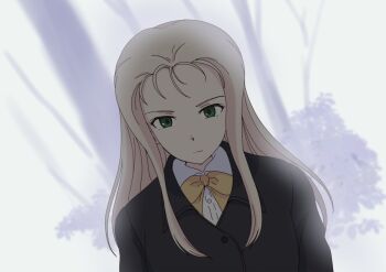 1girl black_jacket blonde_hair bow closed_mouth highres jacket long_hair looking_down marie_(girls_und_panzer) mito_(mitotank) outdoors scene_reference shirt suzumiya_haruhi suzumiya_haruhi_no_shoushitsu suzumiya_haruhi_no_yuuutsu upper_body white_shirt yellow_bow