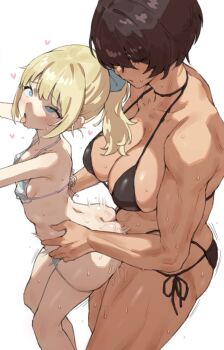 2girls bent_over blonde_hair blue_eyes blush breasts brown_hair clothed_sex dark-skinned_female dark_skin doggystyle futa_with_female futanari grabbing_another&#039;s_ass groping height_difference highres kei_(m_k) large_breasts long_hair m_k multiple_girls original ponytail rika_(m_k) sex sex_from_behind short_hair simple_background size_difference sweat swimsuit tall_female tan tomboy torso_grab vaginal