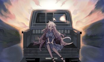 1girl black_sandals blue_dress blue_eyes braid commentary_request daybreak_frontline_(vocaloid) dress full_body highres hill ia_(vocaloid) long_hair motor_vehicle pantyhose pickup_truck pink_hair puffy_short_sleeves puffy_sleeves road sandals short_sleeves sitting solo soyaka truck twin_braids very_long_hair vocaloid